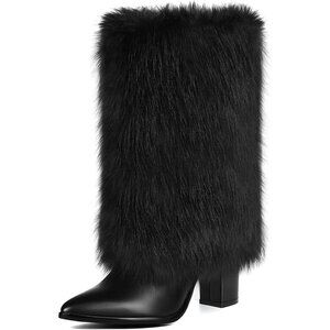 Women's Black 3.3-inch Chunky Mid Calf Furry Fuzzy Fluffy Pointed Toe Boots